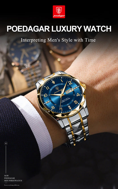 POEDAGAR Top Business Men Quartz Watch Waterproof Date Week Luminous Wristwatch Stainless Steel Fashion Men's Watches Man Clock