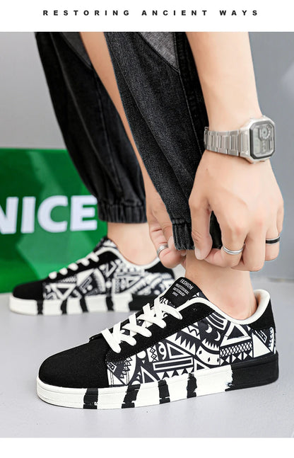 YRZL Sapatilhas de corrida desportivas para homem em lona, estilo geométrico, com atacadores, sapatilhas de casal com estampado graffiti moderno, sapatos de skate para homem