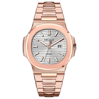 OBLVLO Men's Rose Gold Brown Dial Bracelet Watch with Date Swiss Quartz Movement Elegant Dress Watch for Gentlement FM-YWL-S
