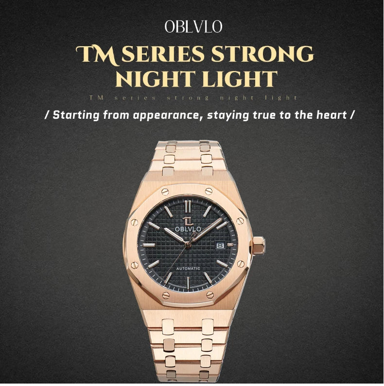 OBLVLO TM-ASP Luxury Men's Watch 41mm Blue Dial Rose Gold Automatic Luminous Waterproof Mechanical Casual Business Watch