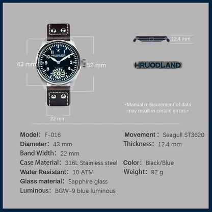 Hruodland 2025 Novo Relógio Mecânico para Homem Seagull ST3620 Piloto Retro 43MM BGW-9 Luminoso Cristal de Safira Turbina Relógio de Homem