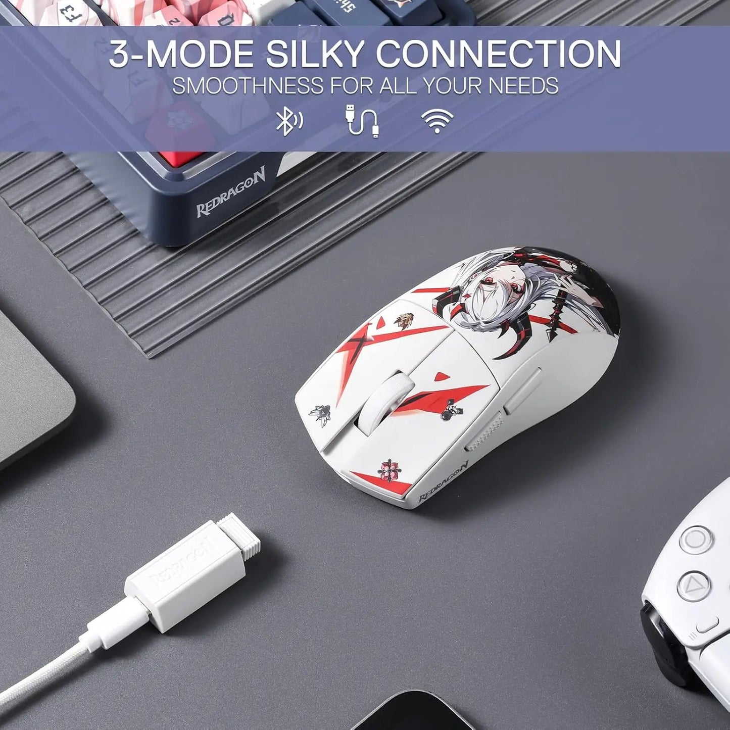 Rato Gaming Redragon M916AK PRO 3-Mode Anime 42G Ultra-Light 26K DPI com Botões Totalmente Programáveis