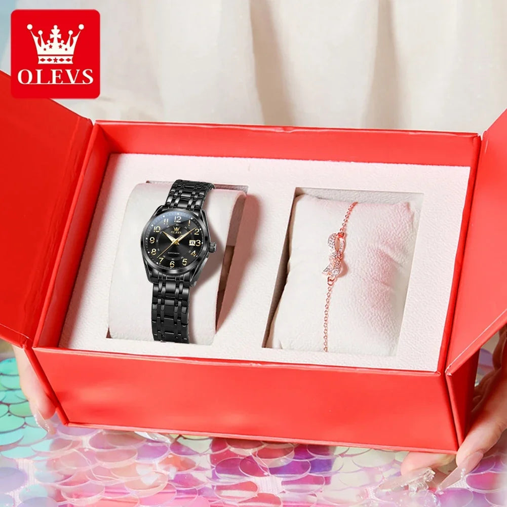 OLEVS Luxury Fashionable Ladies Quartz Watch Waterproof Wristwatch with Arabic Numerals Date Feature And Set Bracelet for Women