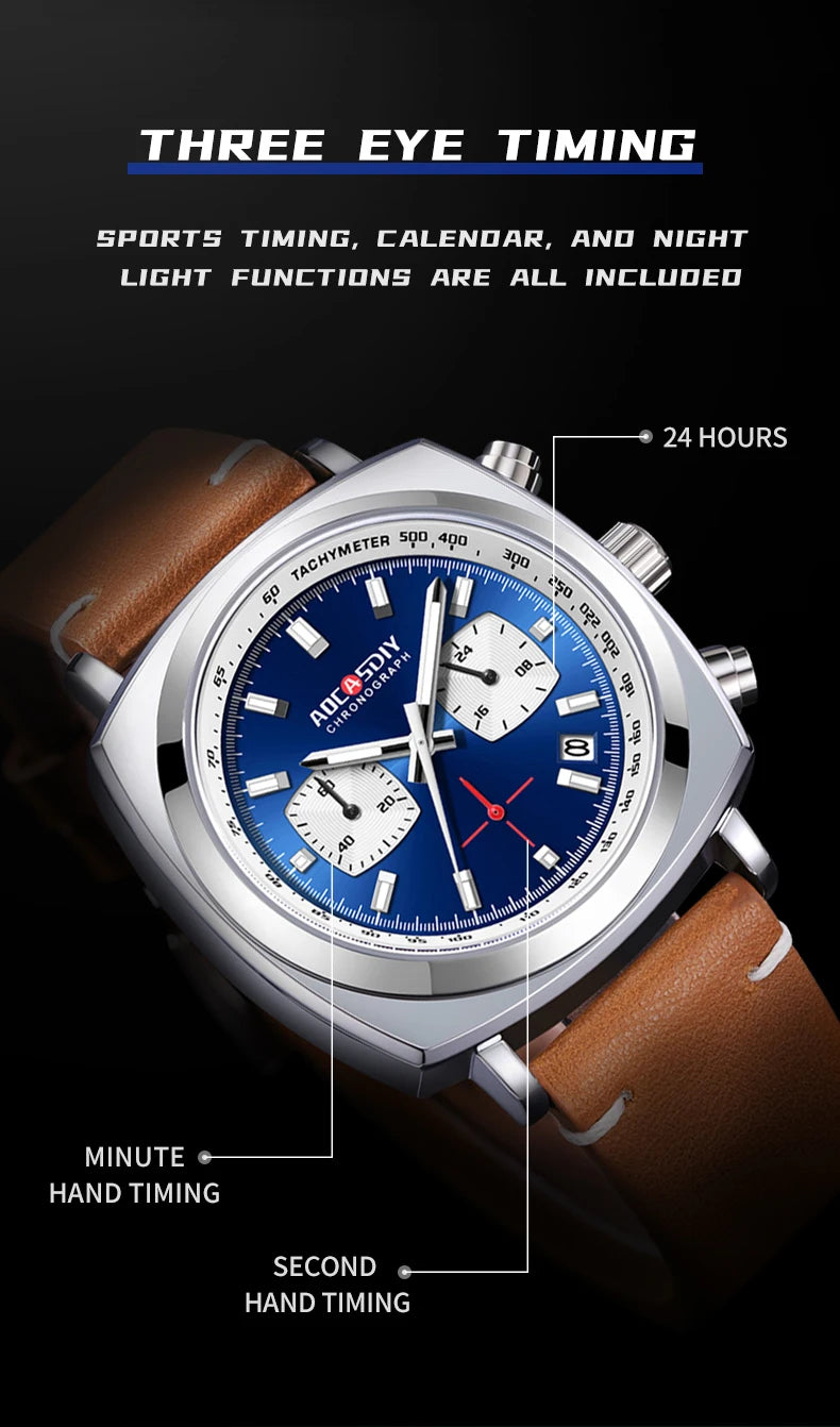 2026 New Square Watches for Men Multi-Functional Three-Eye Six-Pin Timing Waterproof Chronograph Quartz Watch Relogio Masculino