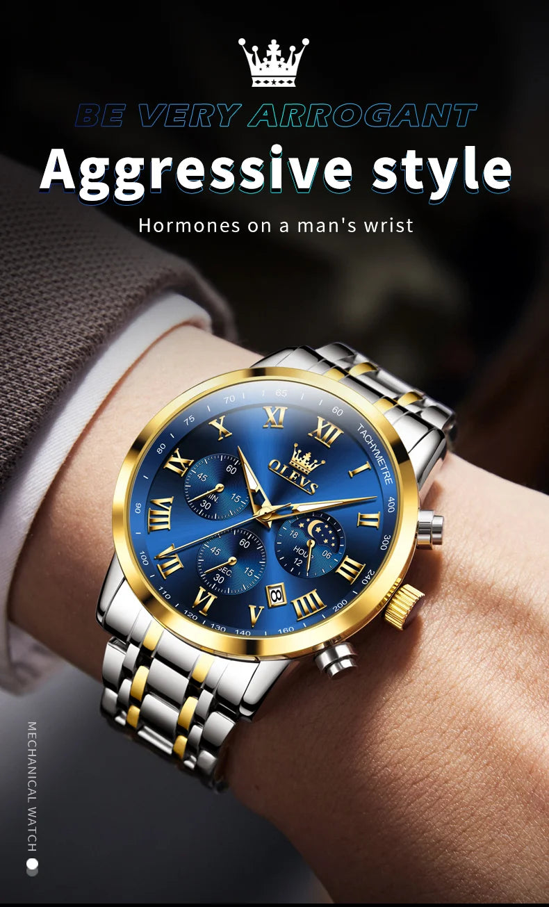 Relógio de Homem OLEVS 5529 de Marca Top Luxury, Impermeável, Luminoso, em Aço Inoxidável, com Fase Lunar e Código de Temporização, Novo Relógio de Quartzo para Homem