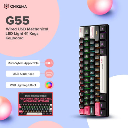 ONIKUMA G55 Mechanical Gaming Keyboard 61 Keys Layout RGB Customized Wired Colorful LED Backlit Keyboard for Computer Laptop PC