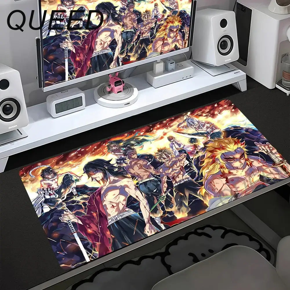 Tapete de Secretária para Computador e Teclado, Tapete de Rato Anime com Rapariga Kawaii, 900x400mm, Borracha Antiderrapante, Demon Slayers XL