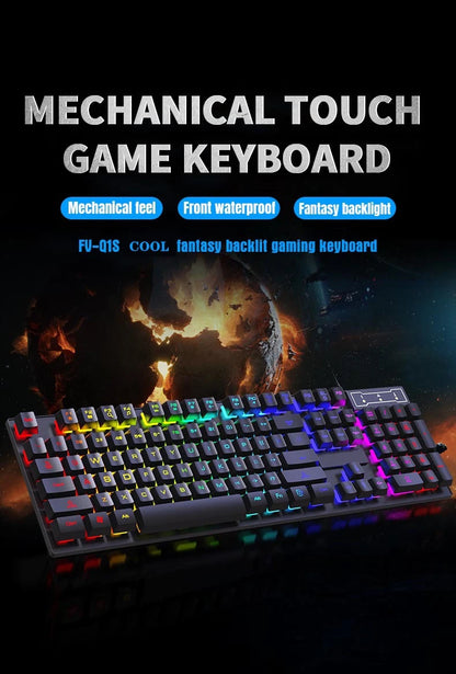Conjunto de teclado com fios de 104 teclas com retroiluminação RGB e efeito de respiração, teclado gaming ergonómico e rato para computador, portátil, gamer e escritório