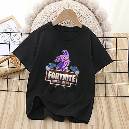 T-shirt infantil branco de algodão com estampado cartoon do tema Fortnite, manga curta, verão, jogo popular