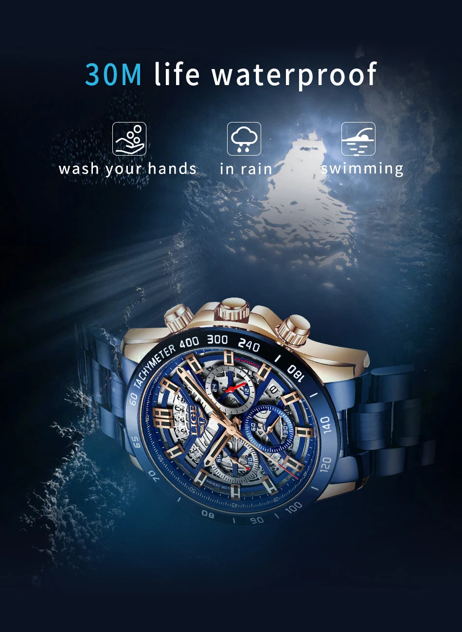 LIGE 2024 New Men Watch Top Brand Luxury Hollow Watch Men Waterproof Sport Quartz Chronograph Wrist Watch Man Relogio Masculino