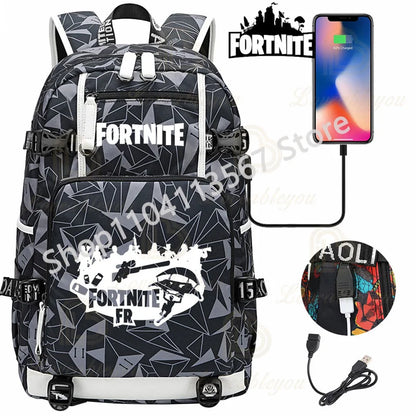 Mochila Yule Trooper F-Fortnited Battle Royale com carregamento USB, figuras anime e compartimento para material escolar para estudantes