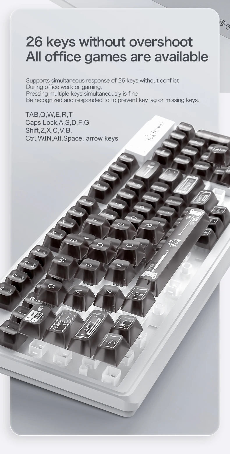 FREEWOLF M95 Kabelgebundene Tastatur mit transparentem RGB-Design, ideal für verschiedene Einsatzbereiche wie Gaming und Büroarbeit