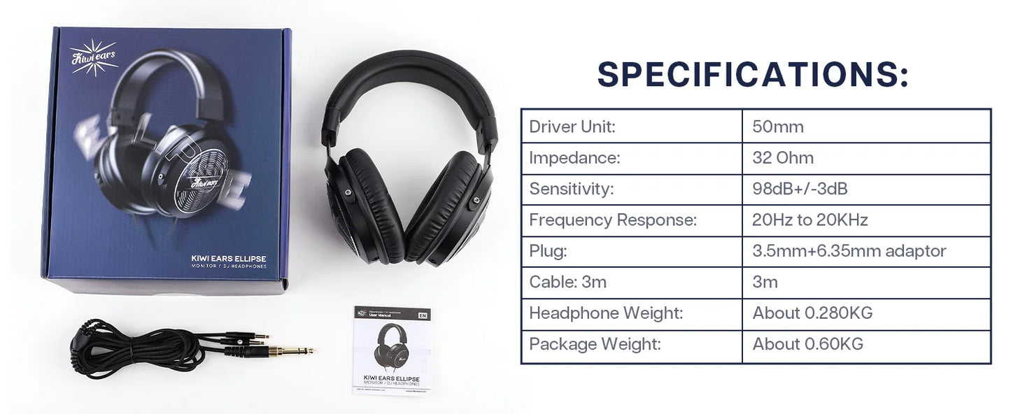 Auscultadores Linsoul Kiwi Ears Ellipse de nível de estúdio, abertos, com driver dinâmico e cabo destacável, headset Hi-Fi circum-aural com fios e graves potentes