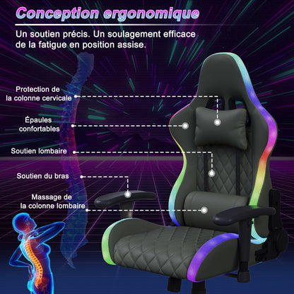 Gaming Chair with Massage Function, Adjustable Backrest, Computer Chair, with Ambient Light, Lumbar Cushion, Pillow, 150 KG