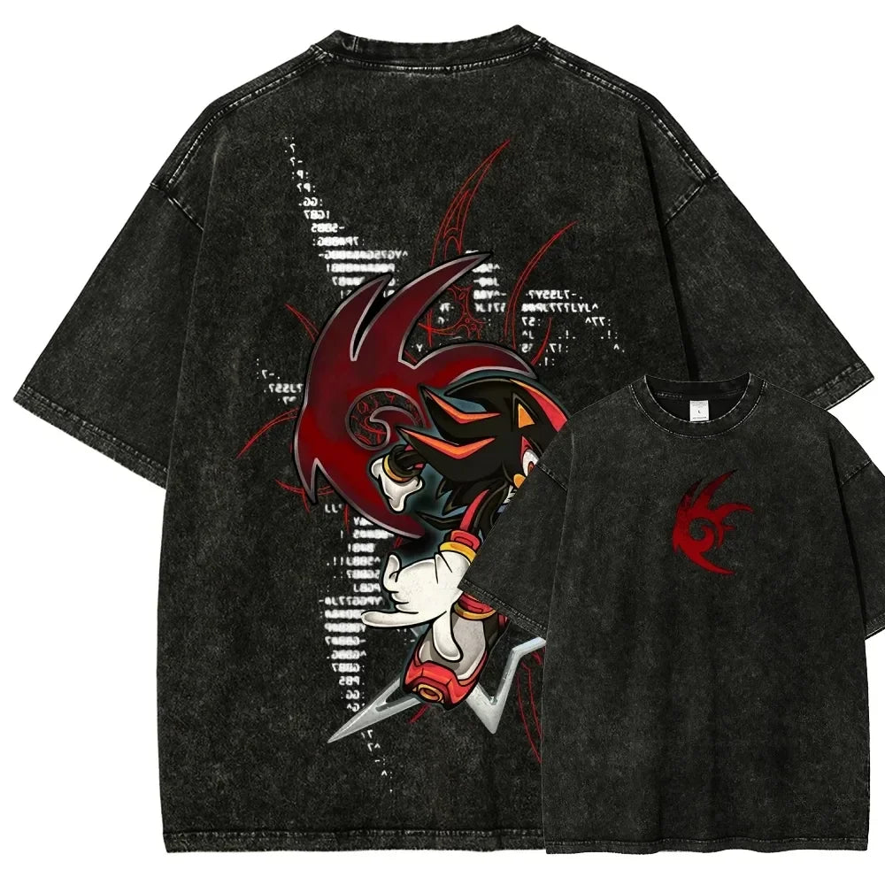 Classic Anime Manga Games Sonic Peripherals Print T-shirts Fashion Loose Casual Tee Men Women Retro Washed Cotton Tops