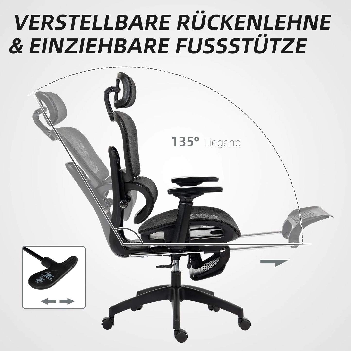Black Ergonomic Mesh Office Chair, Lumbar Support, Recliner & Footrest, Height Adjustable