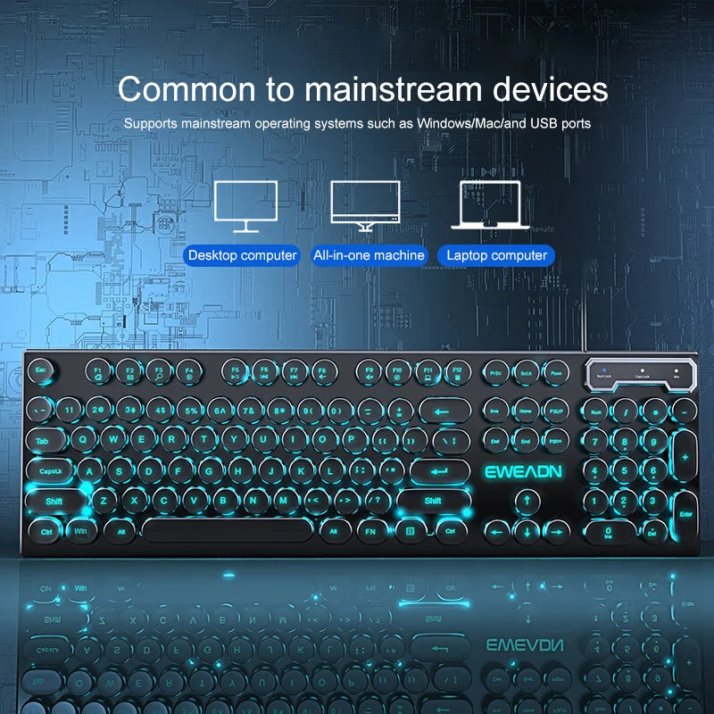 Retro Round Punk Mechanical Feel Keyboard Blue Black Switch 104 Keys USB Wired Gaming Keyboards RGB Backlit for PC Laptop Gamers