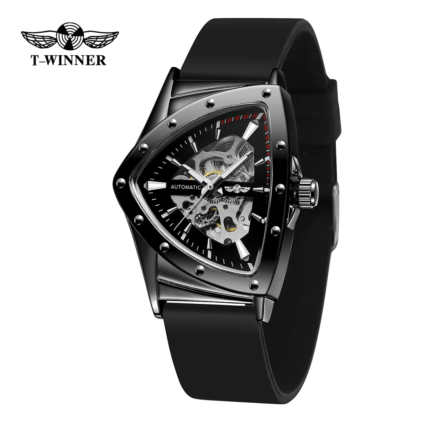WINNER High Quality Watch for Men Triangle Steel Skeleton Mechanical Automatic Movement Clockwork Waterproof Rubber strap Wrist