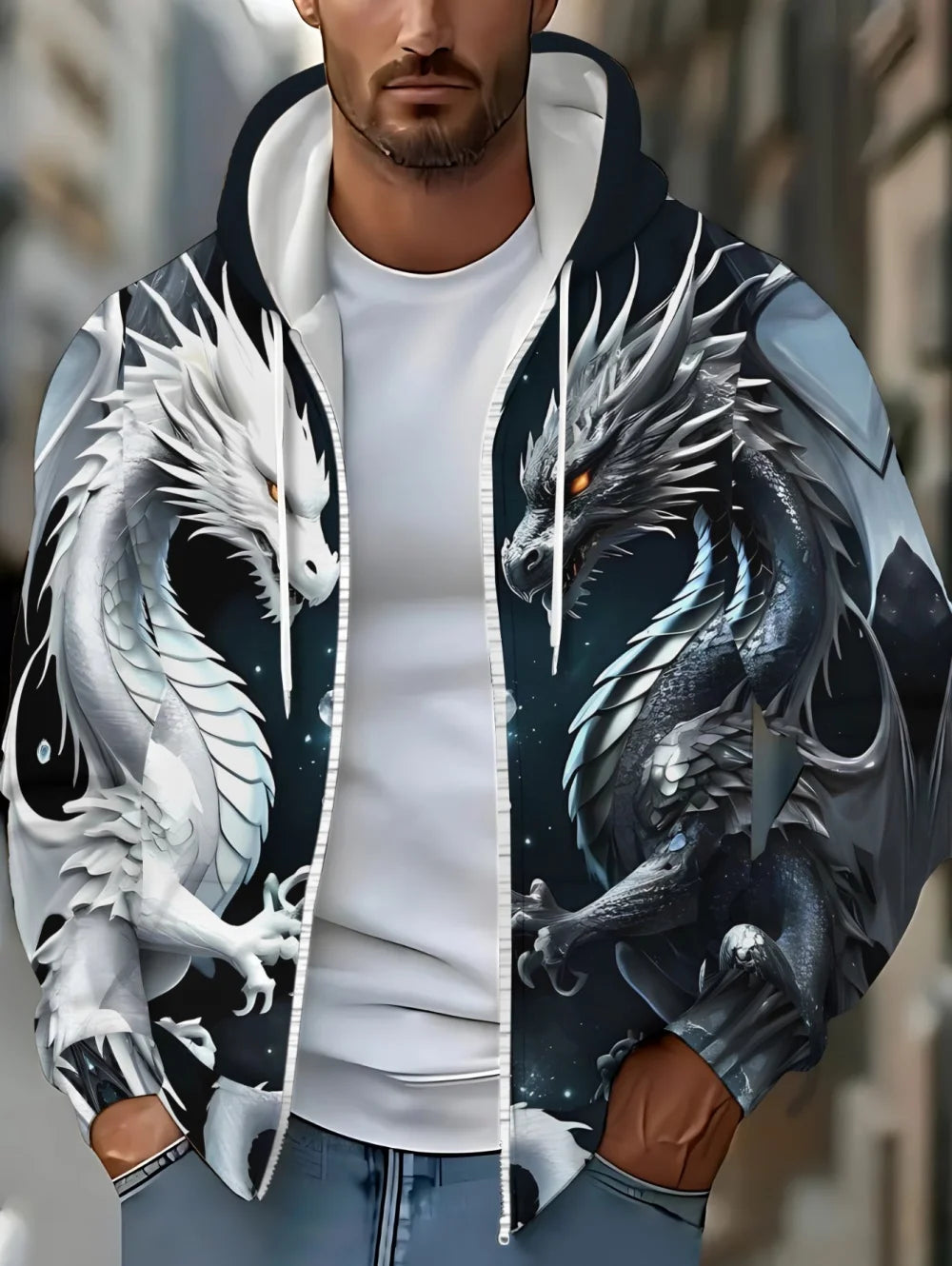 Mens Dragon Print Zipper Hoodie Outdoor Activities Travel Drawstring Long Sleeve Hoodies Autumn Winter Oversize Man Sweatshirts