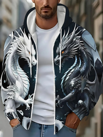 Mens Dragon Print Zipper Hoodie Outdoor Activities Travel Drawstring Long Sleeve Hoodies Autumn Winter Oversize Man Sweatshirts