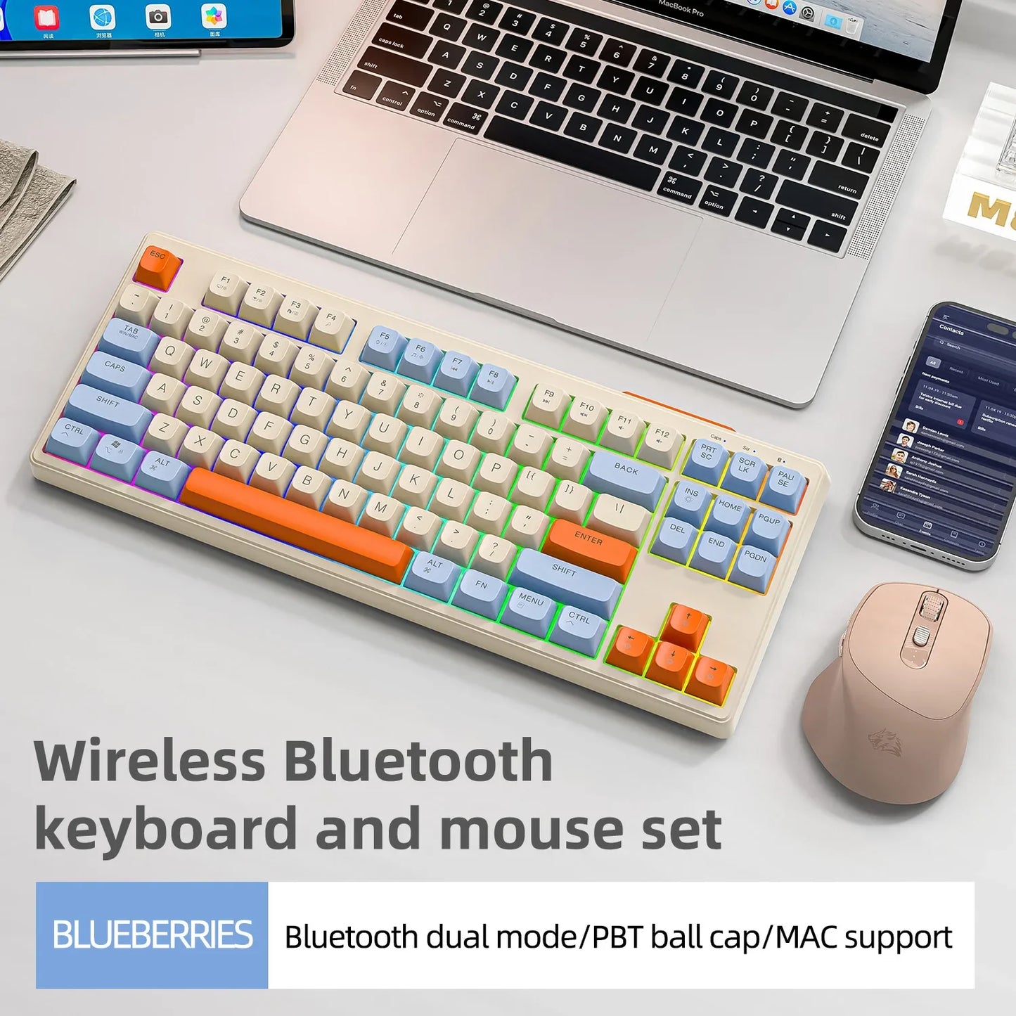 Teclado M87 Sem Fios Bluetooth de Modo Duplo, Sensação Mecânica para Gaming e Escritório, Silencioso, Teclas PBT Ball Cap, Luz Arco-Íris