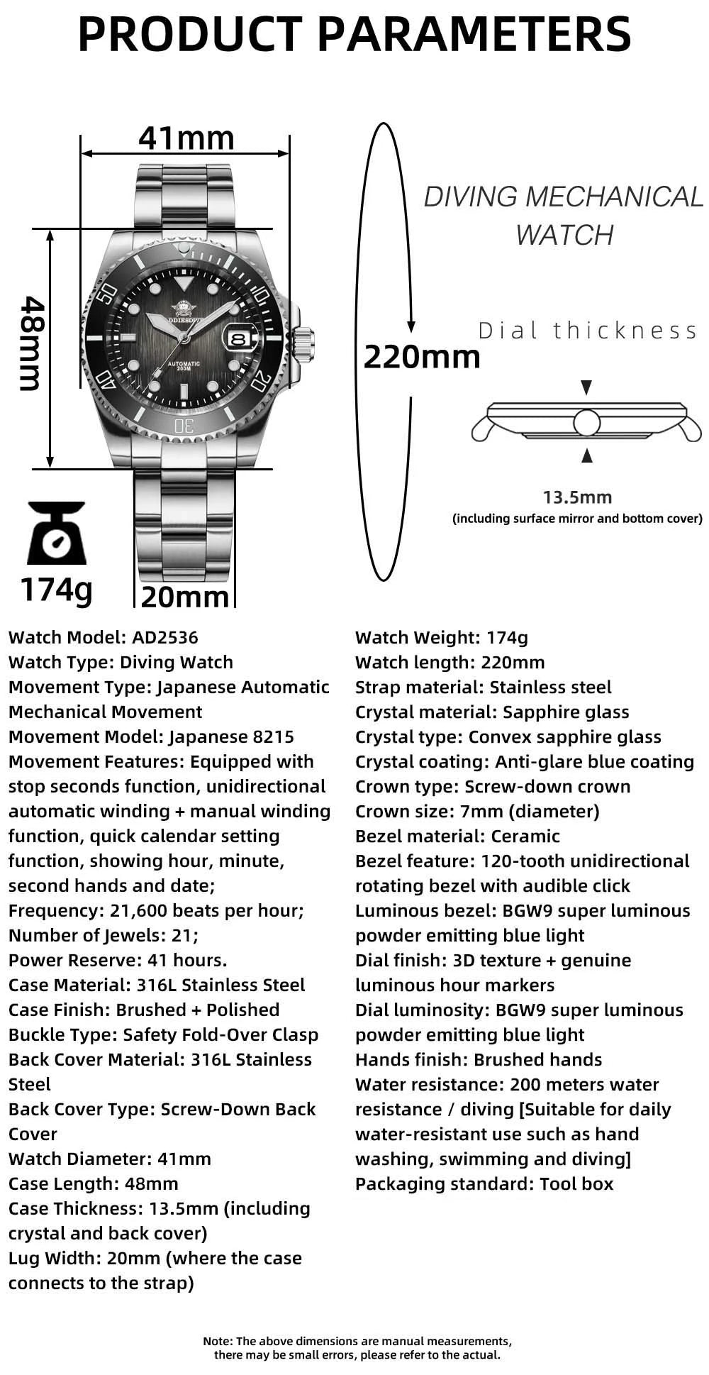 ADDIESDIVE Hot selling Men's Automatic Watch Sapphire Glass 200m Waterproof Watch BGW9 Night Light Classic Men's Watch AD2536