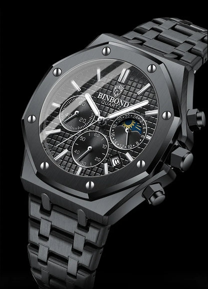 BINBOND 0161 Brand Man Quartz Watch Luxury Luminous Chronograph Wristwatch Stainless Steel Waterproof Men Date Calendar Clock