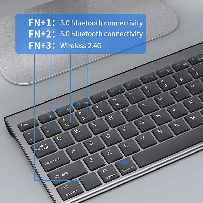 Teclado Sem Fios Bluetooth 5.0&3.0&2.4G FN+1/2/3 Dual-Mode 350mAh Ultra Fino para Portátil, PC, TV, iPad, Macbook e Android