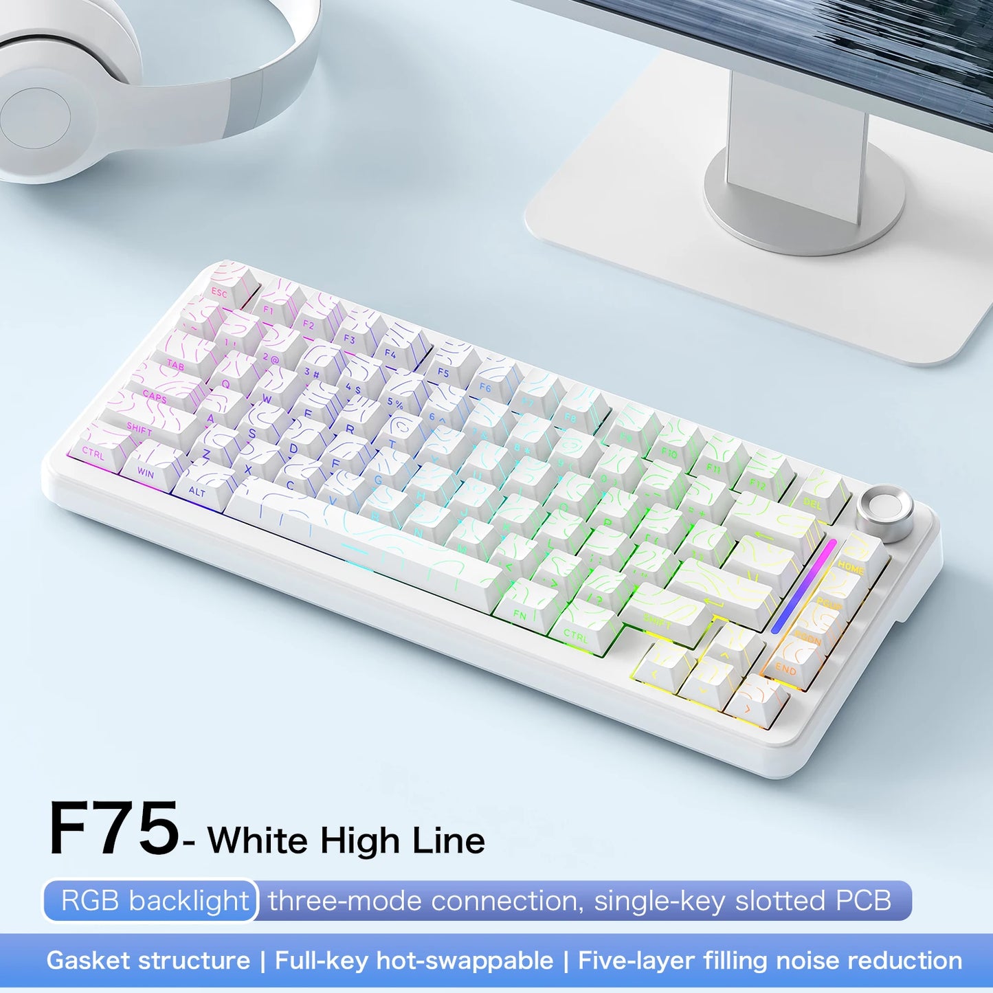 F75 Mechanical Keyboard FREEWOLF 81 Keys Layout Metal Knobs PBT Keycaps, Fully Hot-swappable Keys RGB Multi-color Backlighting