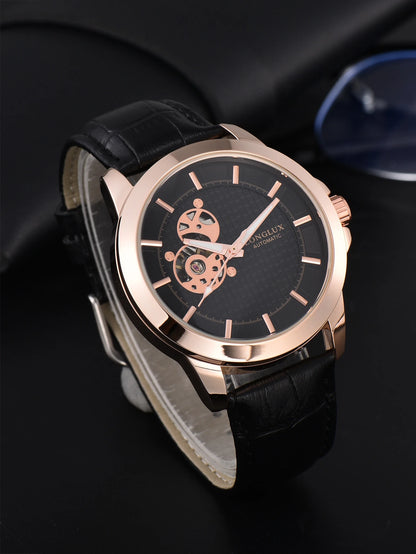 Automatic Watch Minimalist Elegant Everyday Skeleton Waterproof Mechanical Watches Rose Gold Leather Mens Watch Men Gift for Him