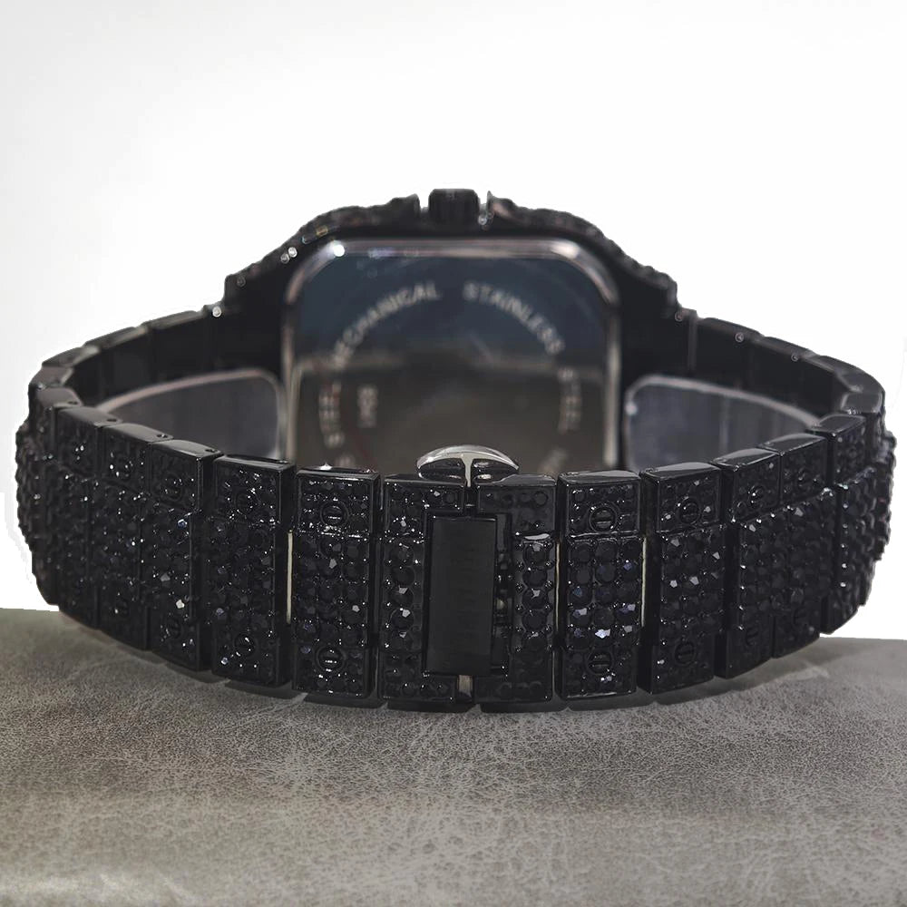 UNIGUET Cool Men's Watch Luxury Stainless Steel Quartz Watch Hip Hop Black Diamond Square Design Fashion Iced Wristwatch for Men