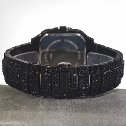 UNIGUET Cool Men's Watch Luxury Stainless Steel Quartz Watch Hip Hop Black Diamond Square Design Fashion Iced Wristwatch for Men