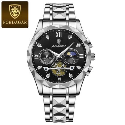 POEDAGAR Top High Quality Man Wristwatch Stainless Steel Chronograph Business Men Watch Waterproof Luminous Quartz Men's Watches