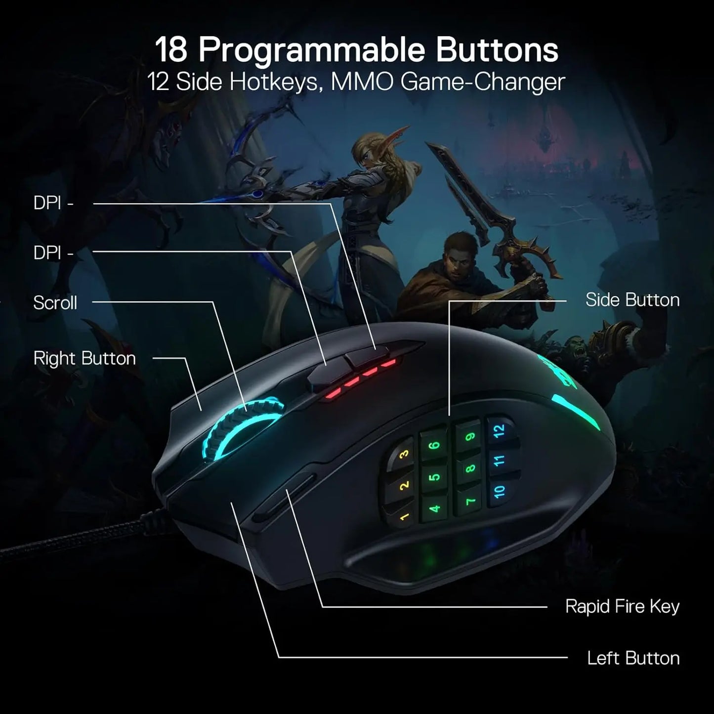 Rato Gaming com Fio USB Redragon M908 RGB com Retroiluminação LED, 18 Botões Programáveis e 12400 DPI