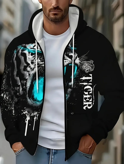 Sweatshirt com capuz e fecho para homem 2025, manga comprida, gráfico de tigre, estilo casual outdoor, com cordão e bolsos