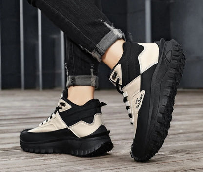 Men'S Black And White Mid Top Hiking Boots Waterproof Leather Platform Sneakers Non Slip Outdoor Casual Shoes With Rugged Sole