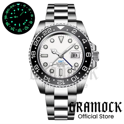 Gramock White Dial Blue GMT 40MM Watch For Men Roating Bezel Sapphire Glass Waterproof Reloj Hombre NH34A Mechanical Wristwatch