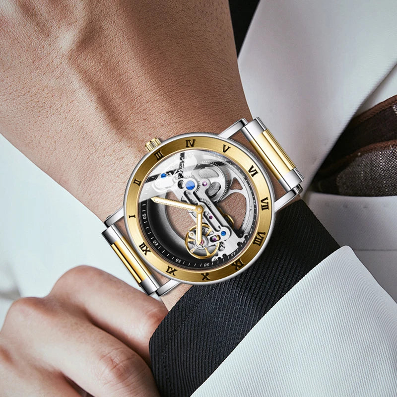 AKDPN Men's Watches Automatic Mechanical Stainless Steel Men's Wrist Watch Skeleton Automatic Watches for Man Watch Montre Homme