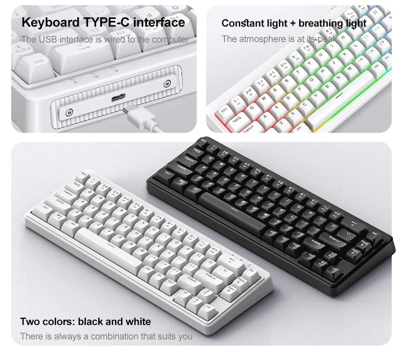 FREEWOLF M68SE 68 Key Mini Wired Keyboard RGB Backlit Type-C 68% Layout Compact Gaming Office PC Laptop