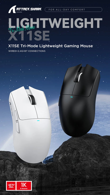 Безжична геймърска мишка ATTACK SHARK X11SE, Tri-Mode, суперлека 63g със сензор PAW3311, 22000 DPI, батерия 300mAh, двоен драйвер