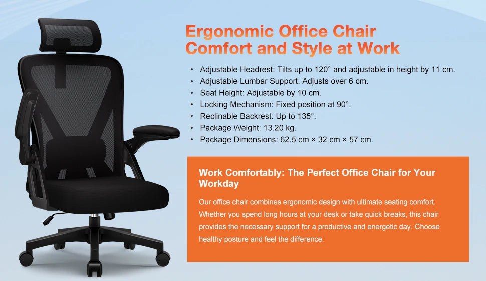 Office Chair Ergonomic Reclining 90°-135°, Desk Chair with Lumbar Support, Computer Chair Adjustable Headrest, Living Room Chairs