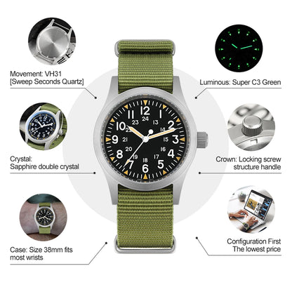 Militado ML05 Military Watch VH31 Sweep Movement Domed Sapphire Crystal Wristwatch High Clear AR Coating 38mm Vintage Watches