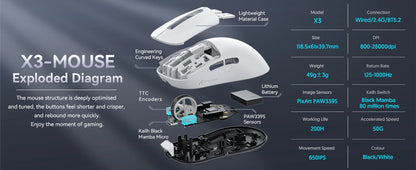 ATTACK SHARK X3 Lightweight Wireless Gaming Mouse, 49g Tri-Mode, PAW3395 26K DPI Sensor, 200h Battery Life, 5 Programmable Buttons