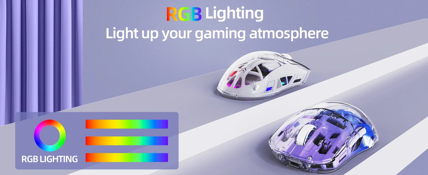 Rato Gaming Sem Fios Transparente A2, BT 5.0/2.4G para PC, Recarregável, RGB, com Ecrã Digital, PixArt 3212, 5 Níveis de DPI Ajustáveis