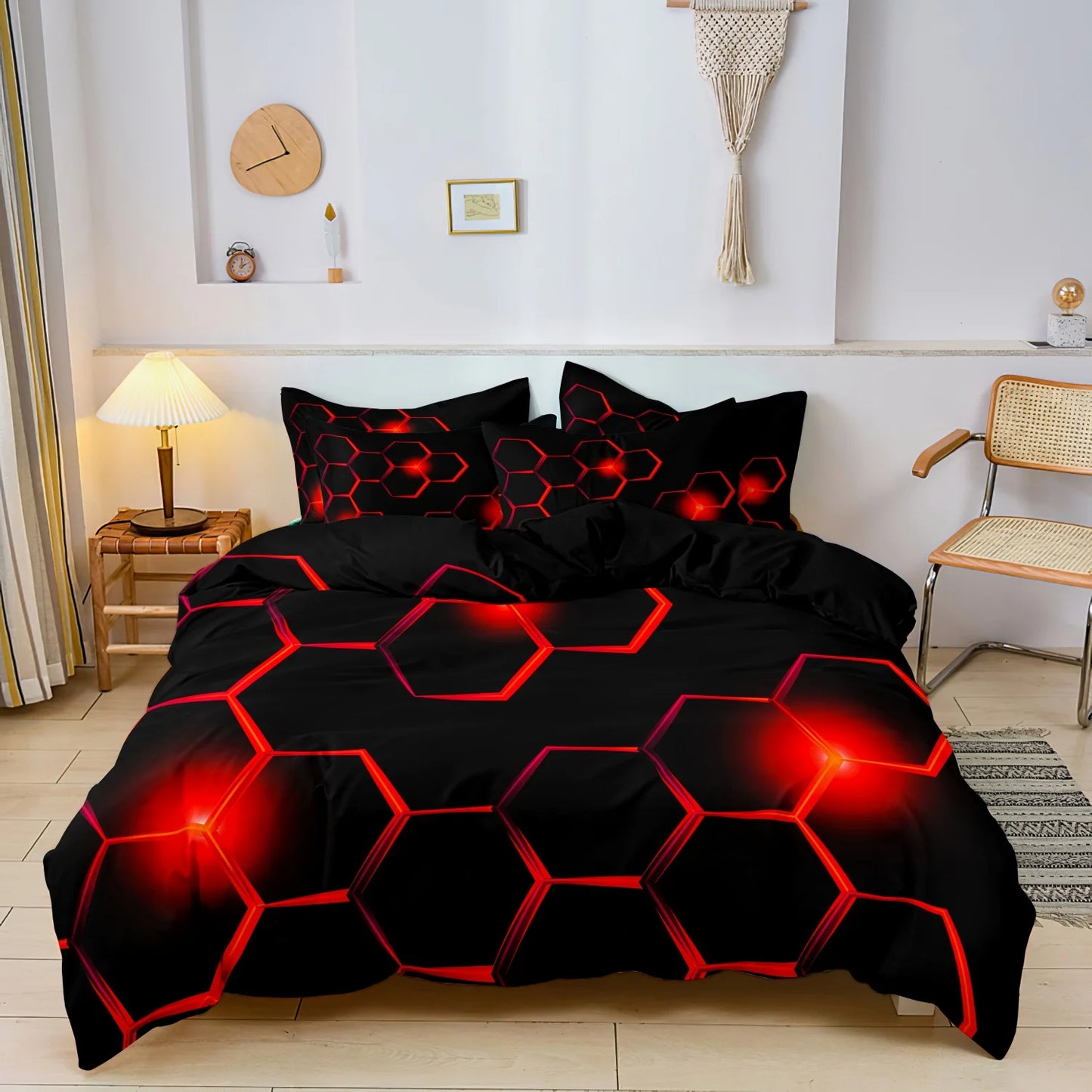3pcs Geometric 3D Hexagonal Honeycomb Pattern Duvet Cover Set, Digital Print Colorful Polyester Bedding with Zipper Closure