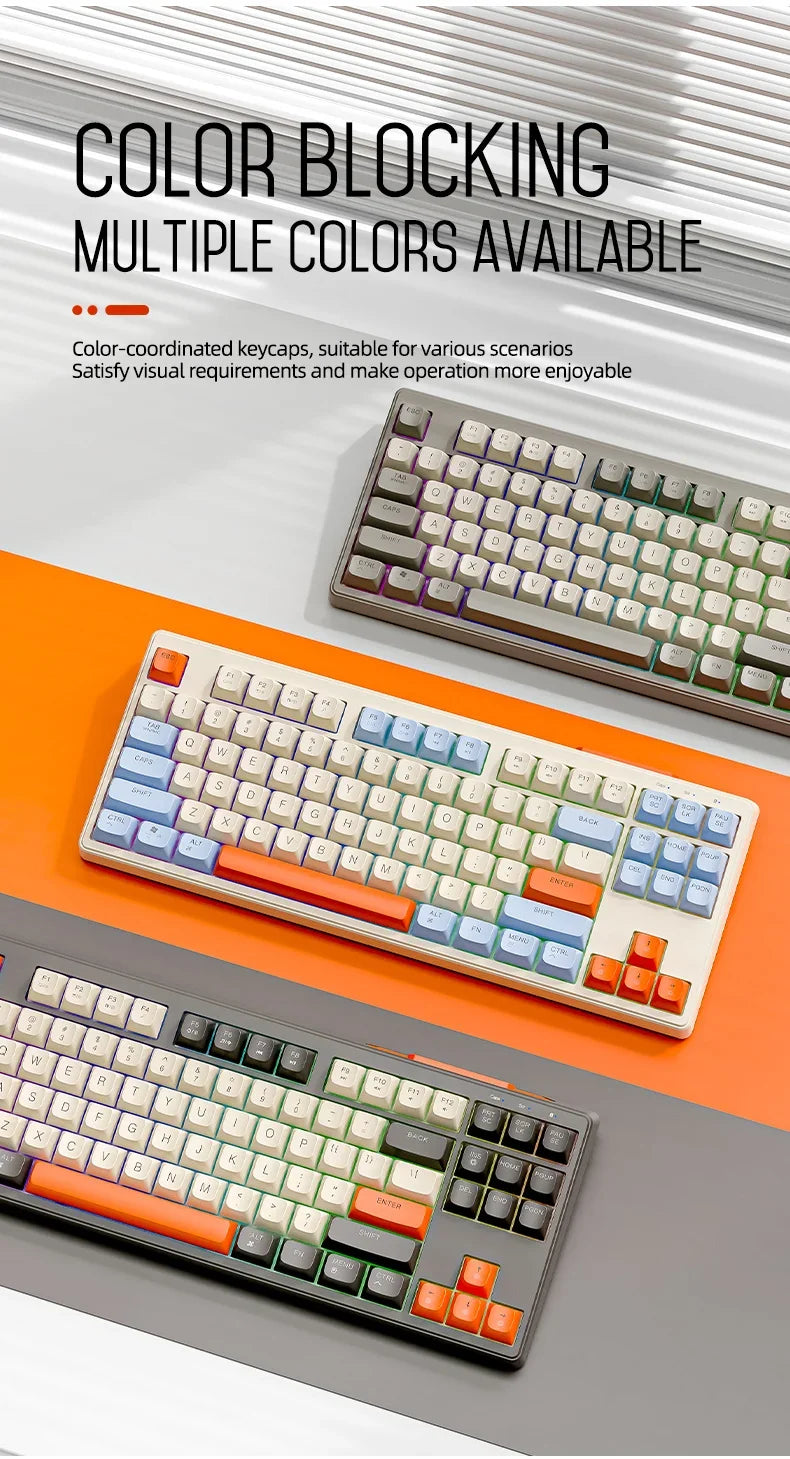 Teclado M87 Sem Fios Bluetooth de Modo Duplo, Sensação Mecânica para Gaming e Escritório, Silencioso, Teclas PBT Ball Cap, Luz Arco-Íris