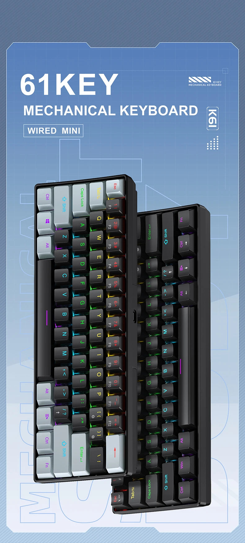 61 Keys RGB Mechanical Keyboard Wired K61 Mini Keyboard 60% Portable Black, White, Red/Blue Switch for Gaming/Work