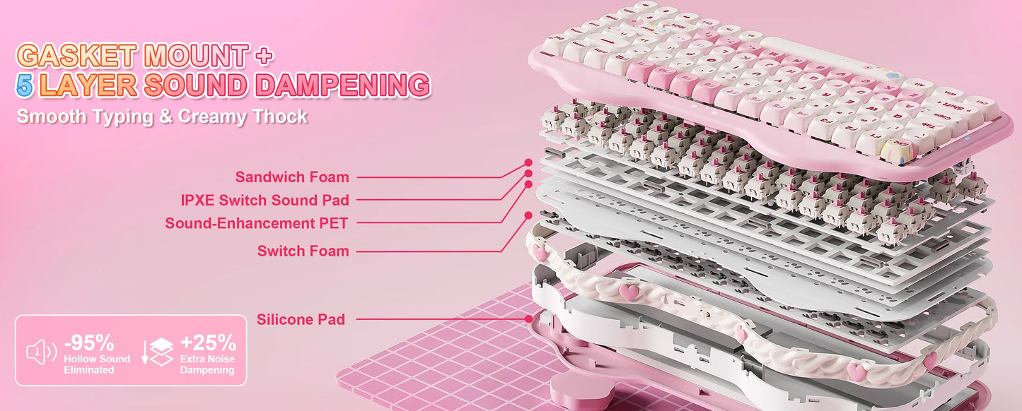 Teclado mecânico sem fios YUNZII C75, 75% cremoso com Hot Swap e RGB personalizável, design Gasket Cute Cake, para Win/Mac/Gaming