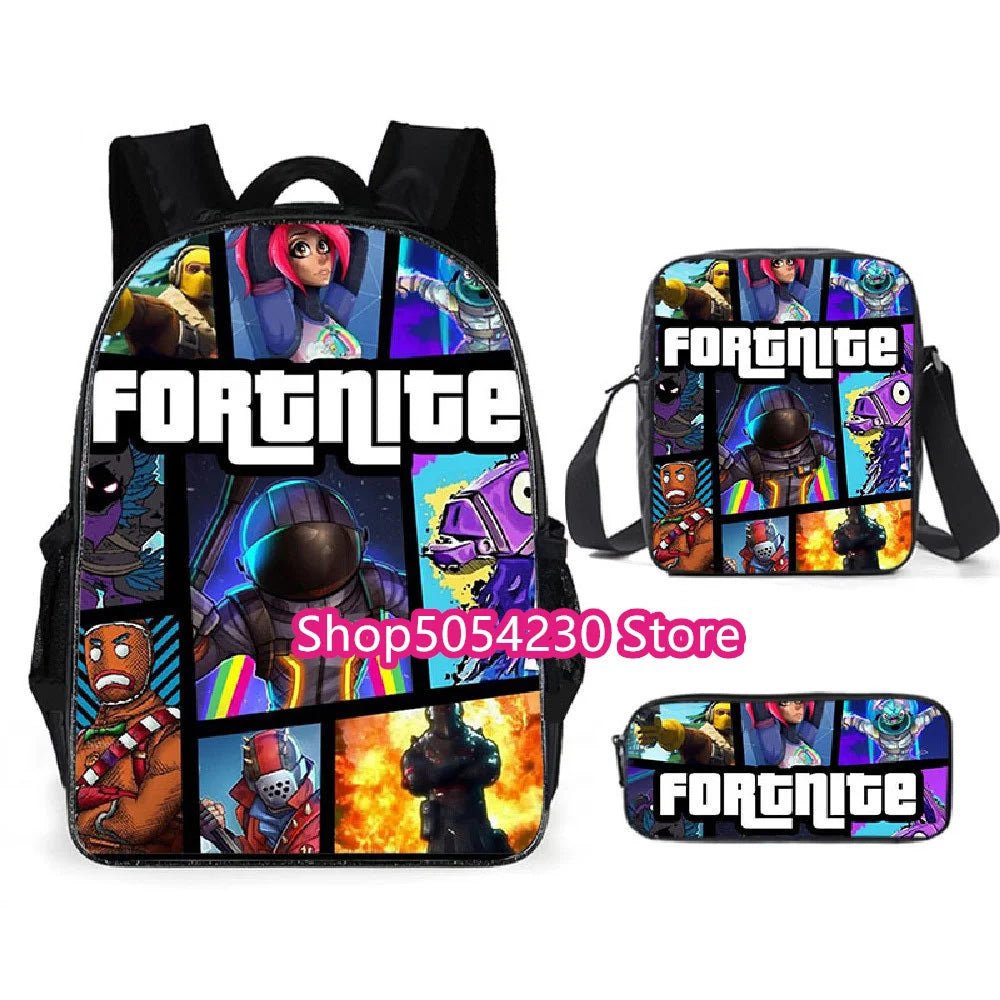 Conjunto de Mochila Fortnited 3PCS para Adolescentes e Estudantes, Saco de Viagem Fortress Night, Mochila Escolar 3D de Jogos Populares