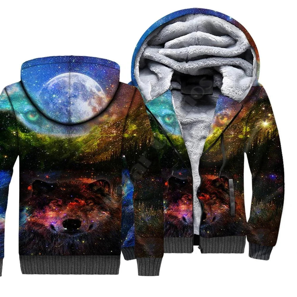 Sweatshirts com Capuz e Fecho em Polar com Estampado 3D de Lobo para Homem e Mulher, Casaco de Inverno Quente em Veludo Duplo Plus, Fatos de Cosplay JR09